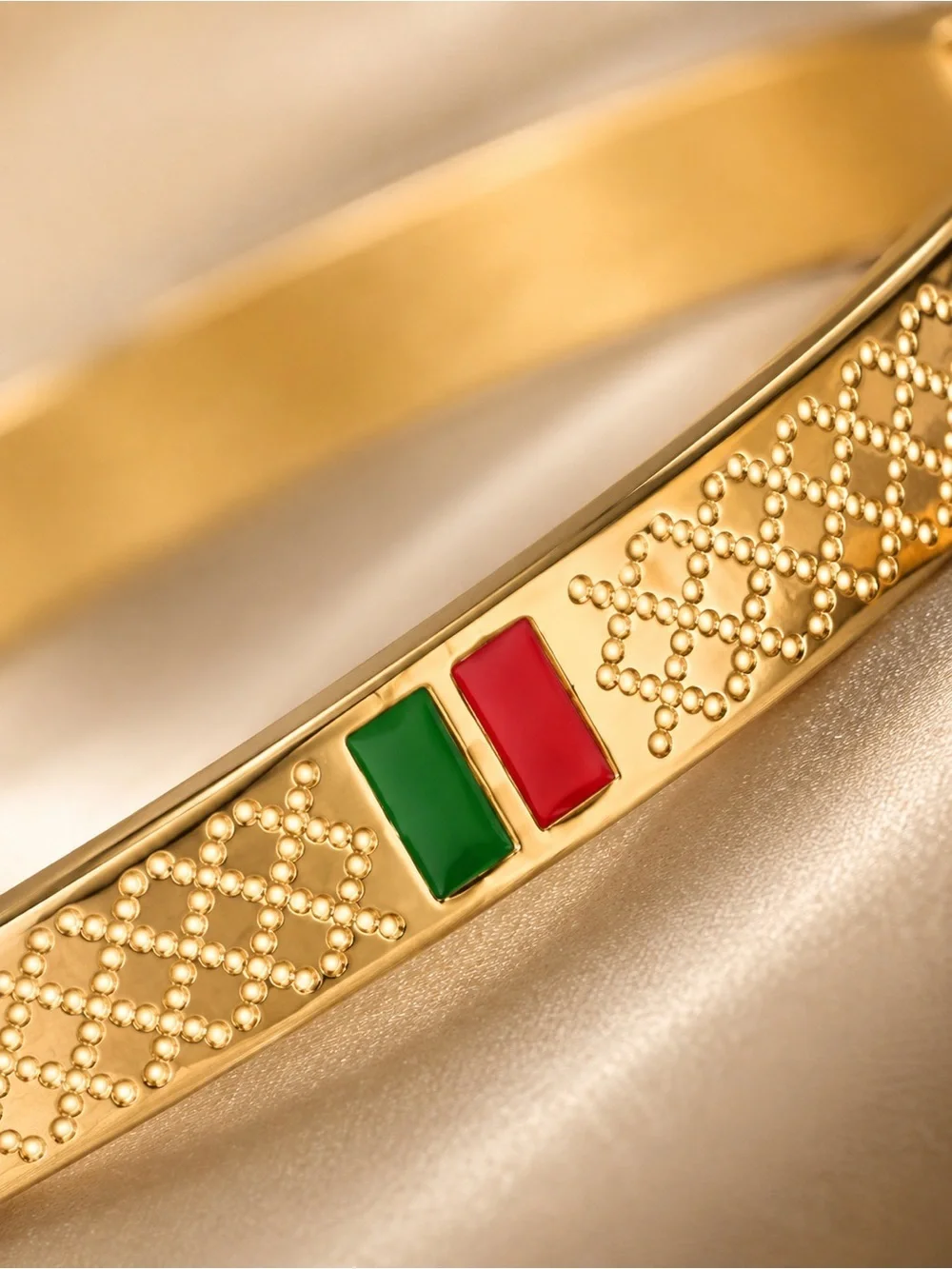 18K Gold Luxury Bangle with Green and Red Accents